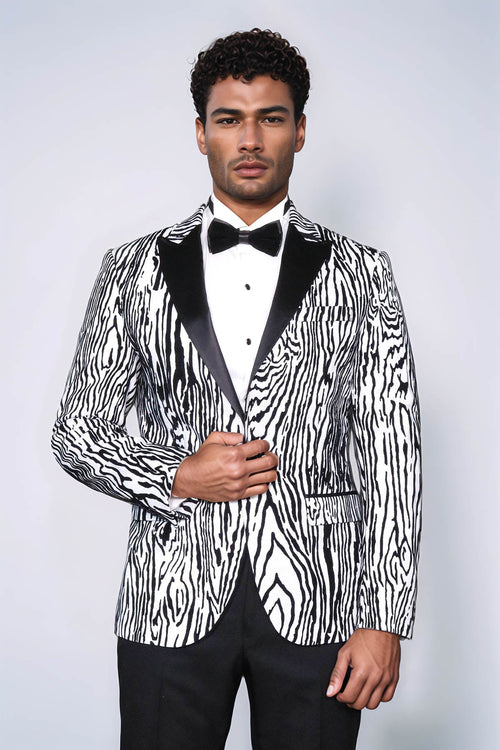Slim Fit Zebra Patterned White Men Prom Blazer - Wessi