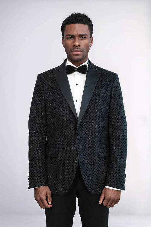 Sequin Dot Patterned Black Men Prom Blazer - Wessi