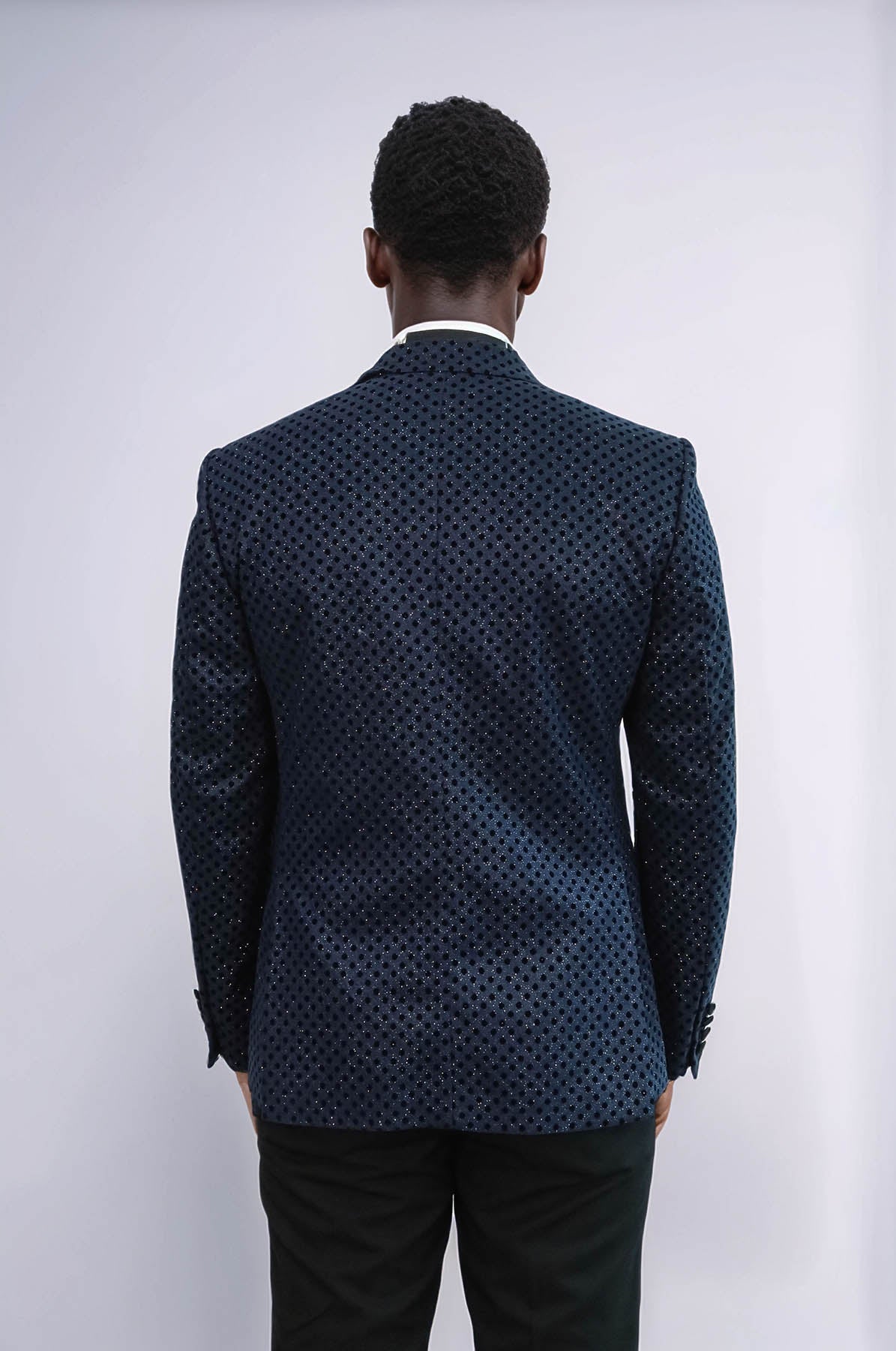 Sequin Dot Patterned Navy Blue Men Prom Blazer - Wessi