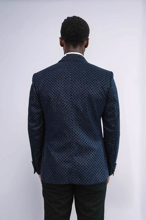 Sequin Dot Patterned Navy Blue Men Prom Blazer - Wessi