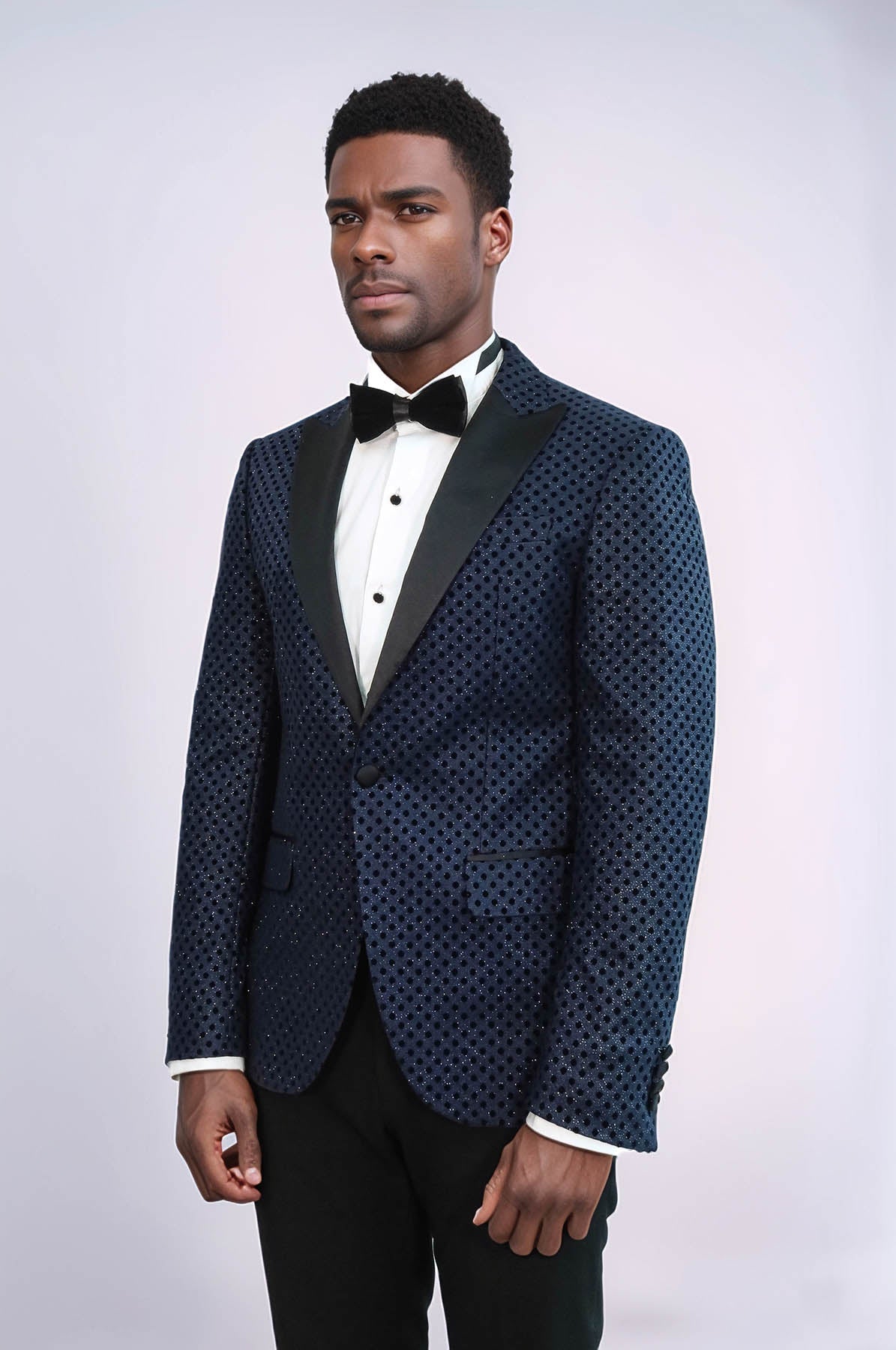 Sequin Dot Patterned Navy Blue Men Prom Blazer - Wessi