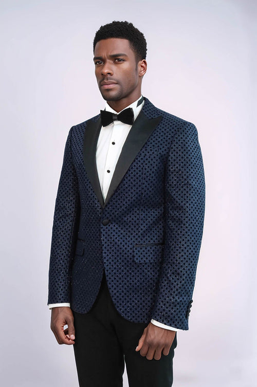 Sequin Dot Patterned Navy Blue Men Prom Blazer - Wessi