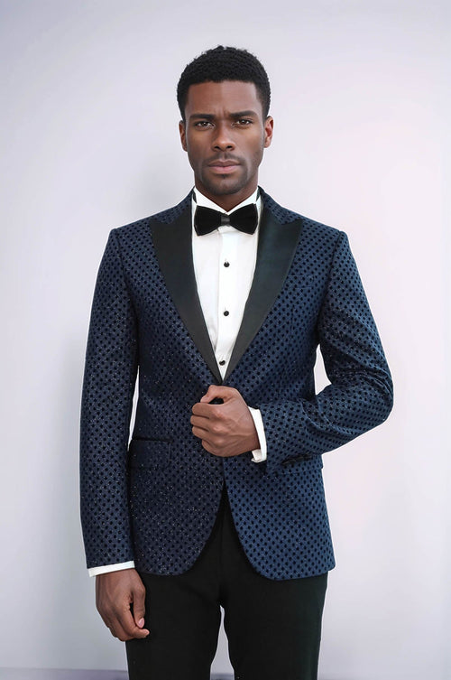 Sequin Dot Patterned Navy Blue Men Prom Blazer - Wessi