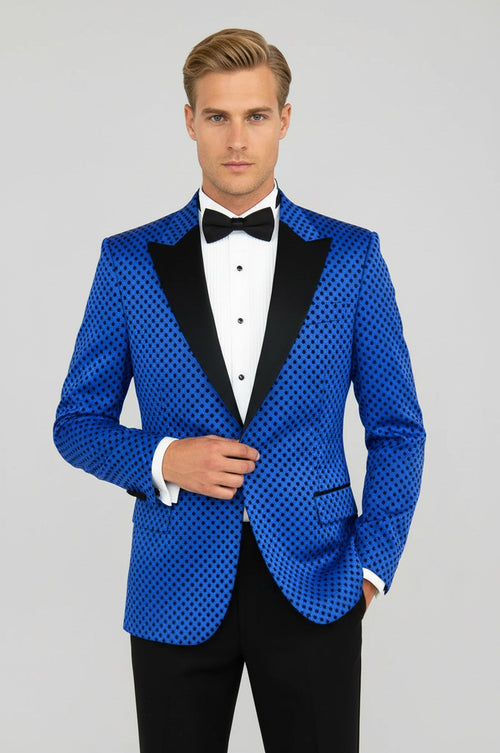 Sequin Dot Patterned Sax Blue Men Prom Blazer - Wessi