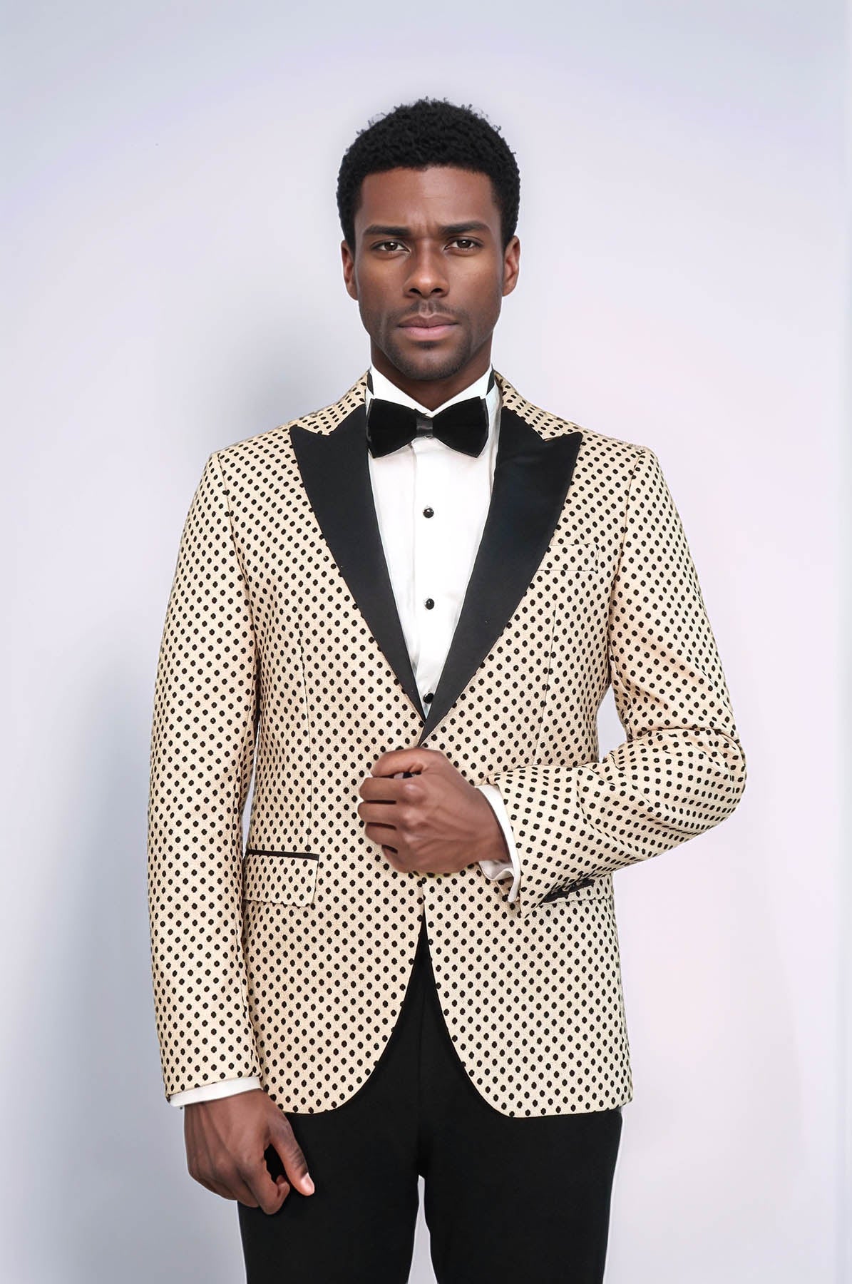 Sequin Dot Patterned Cream Men Prom Blazer - Wessi