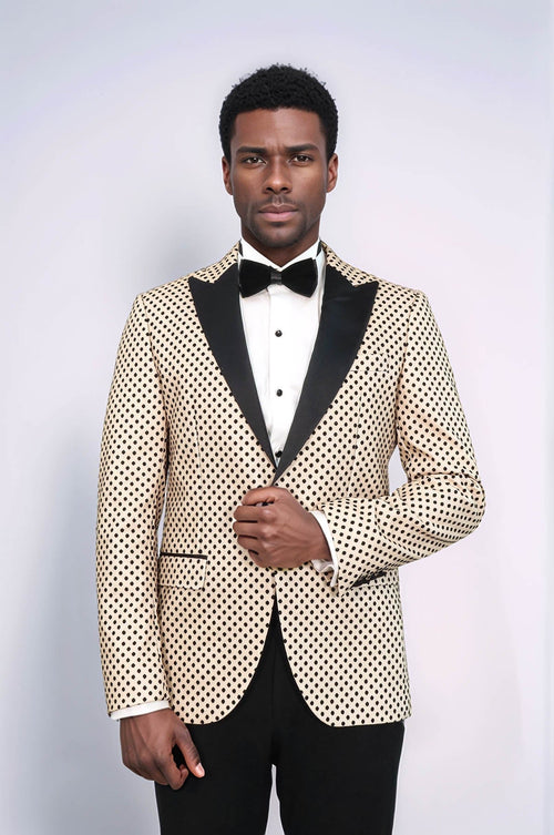 Sequin Dot Patterned Cream Men Prom Blazer - Wessi