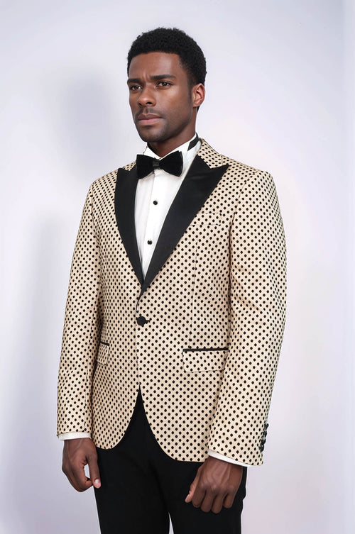 Sequin Dot Patterned Cream Men Prom Blazer - Wessi