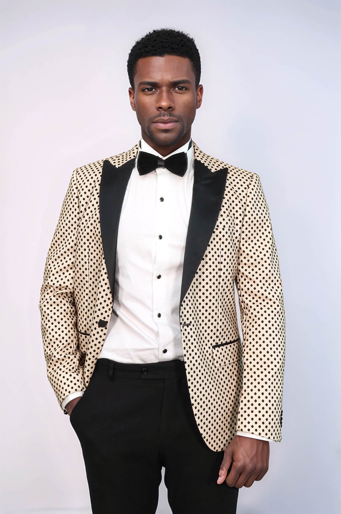 Sequin Dot Patterned Cream Men Prom Blazer - Wessi