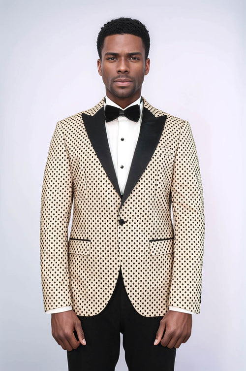 Sequin Dot Patterned Cream Men Prom Blazer - Wessi