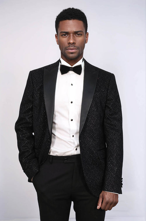 Shiny Patterned Black Men Prom Blazer - Wessi