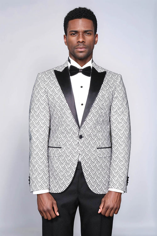 Shiny Patterned White Men Prom Blazer - Wessi