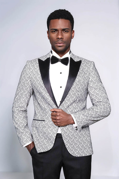Shiny Patterned White Men Prom Blazer - Wessi