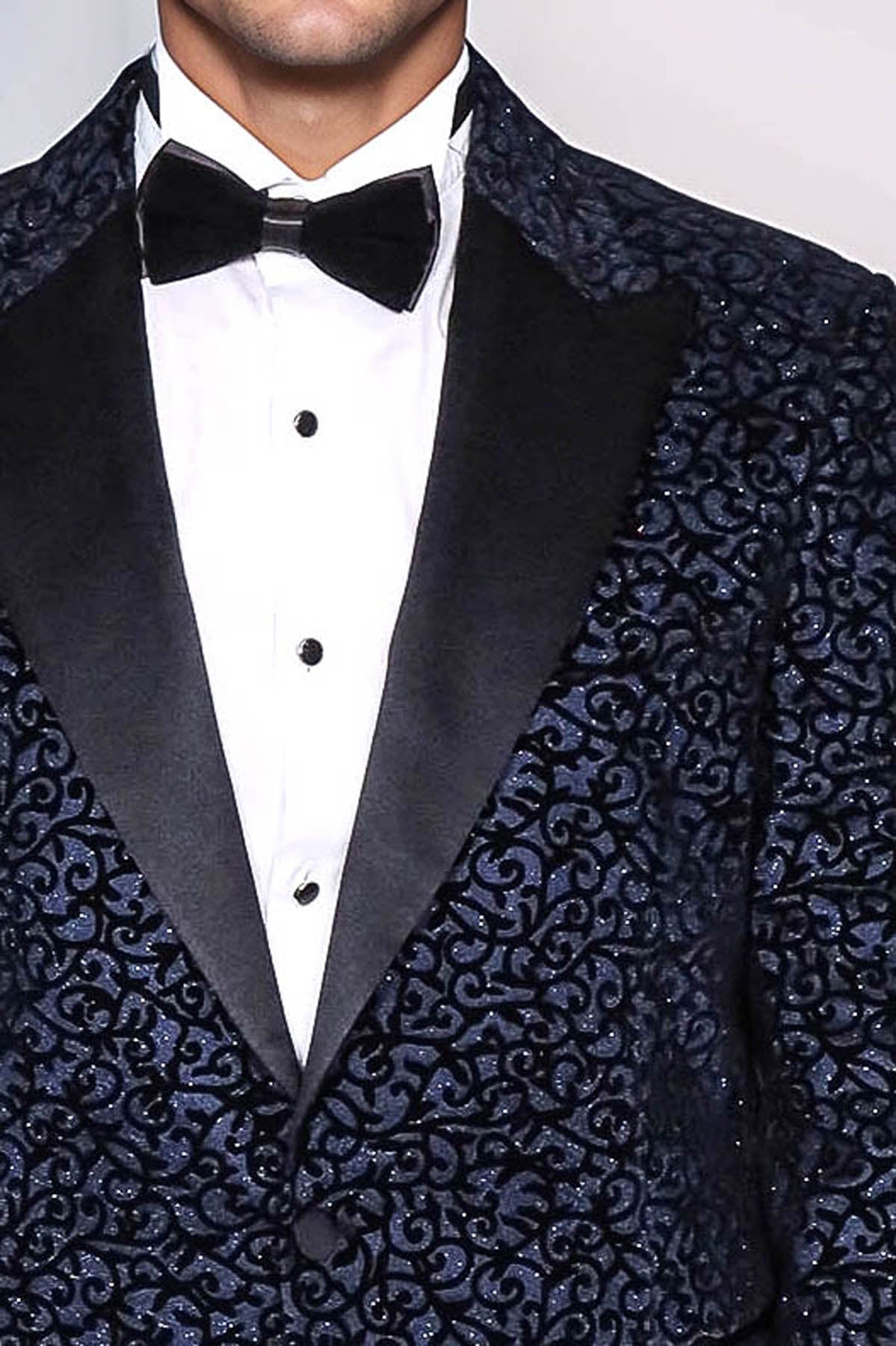 Scroll Patterned Navy Blue Men Prom Blazer - Wessi