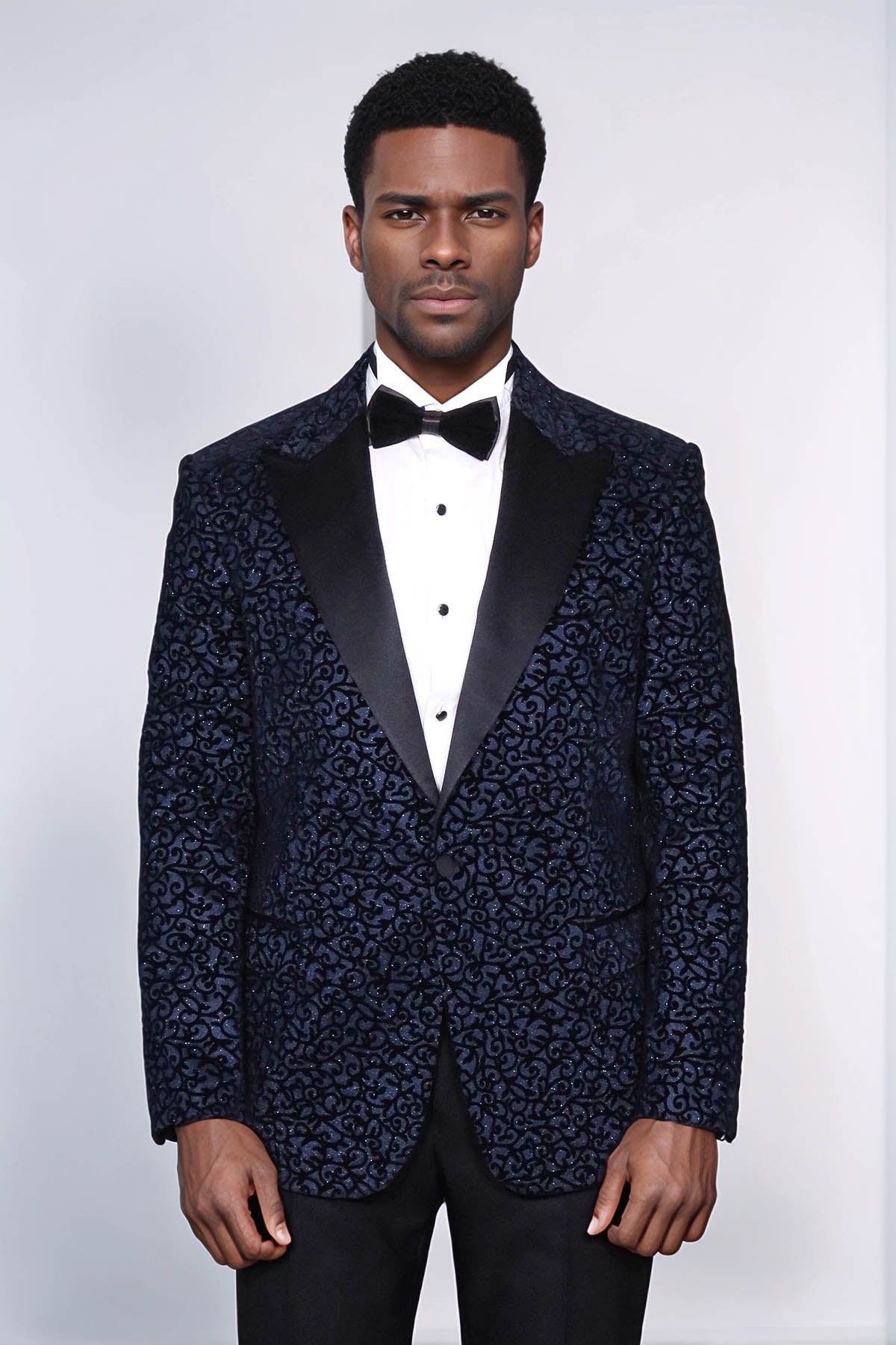 Scroll Patterned Navy Blue Men Prom Blazer - Wessi