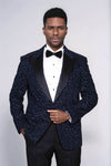 Scroll Patterned Navy Blue Men Prom Blazer - Wessi
