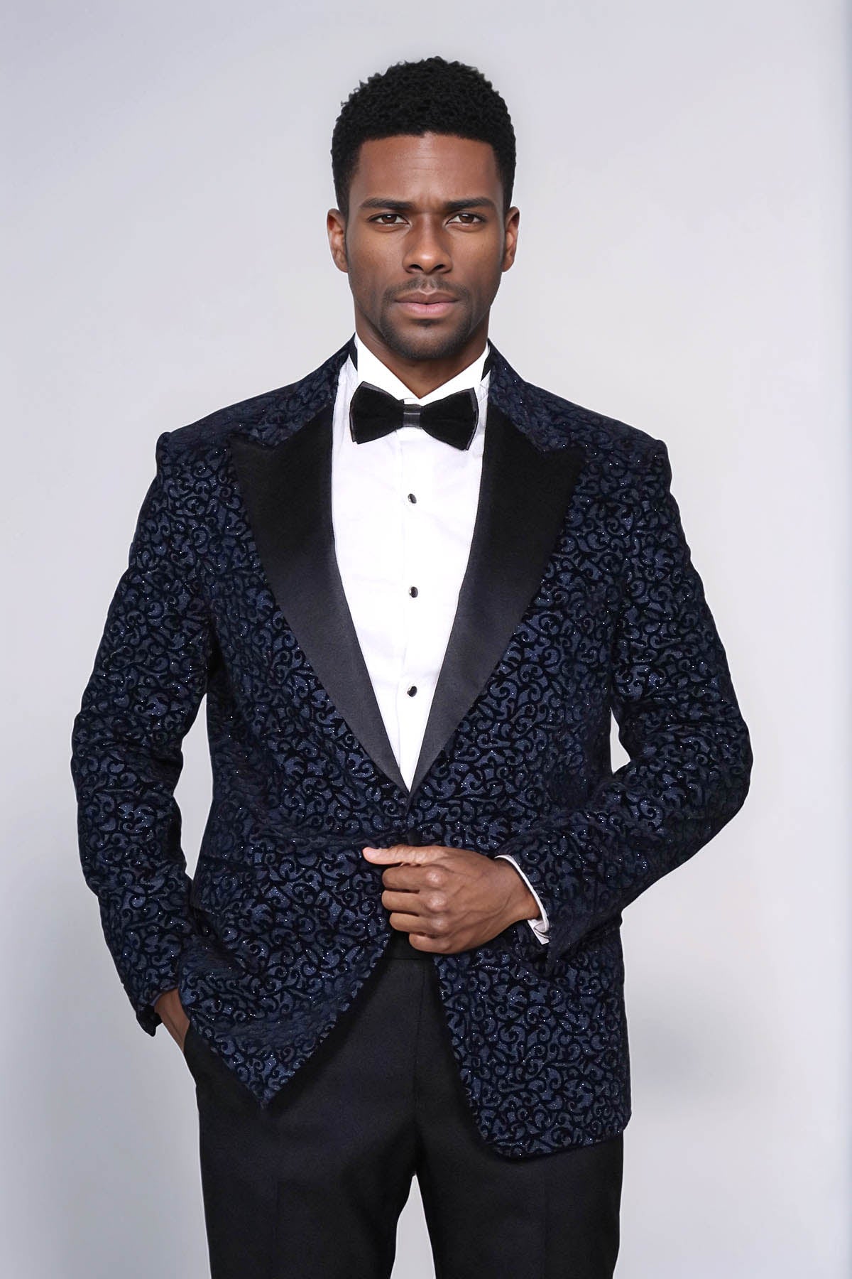 Scroll Patterned Navy Blue Men Prom Blazer - Wessi