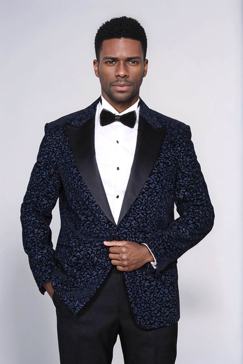 Scroll Patterned Navy Blue Men Prom Blazer - Wessi