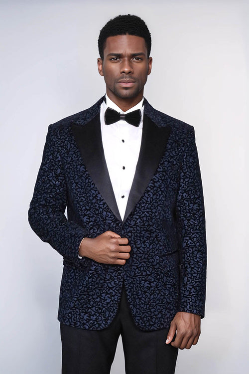 Scroll Patterned Navy Blue Men Prom Blazer - Wessi