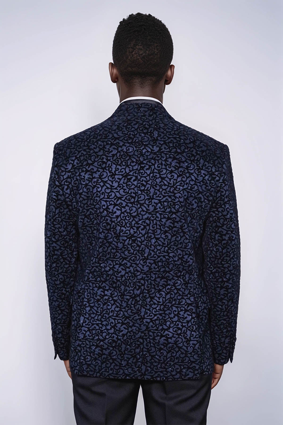 Scroll Patterned Navy Blue Men Prom Blazer - Wessi