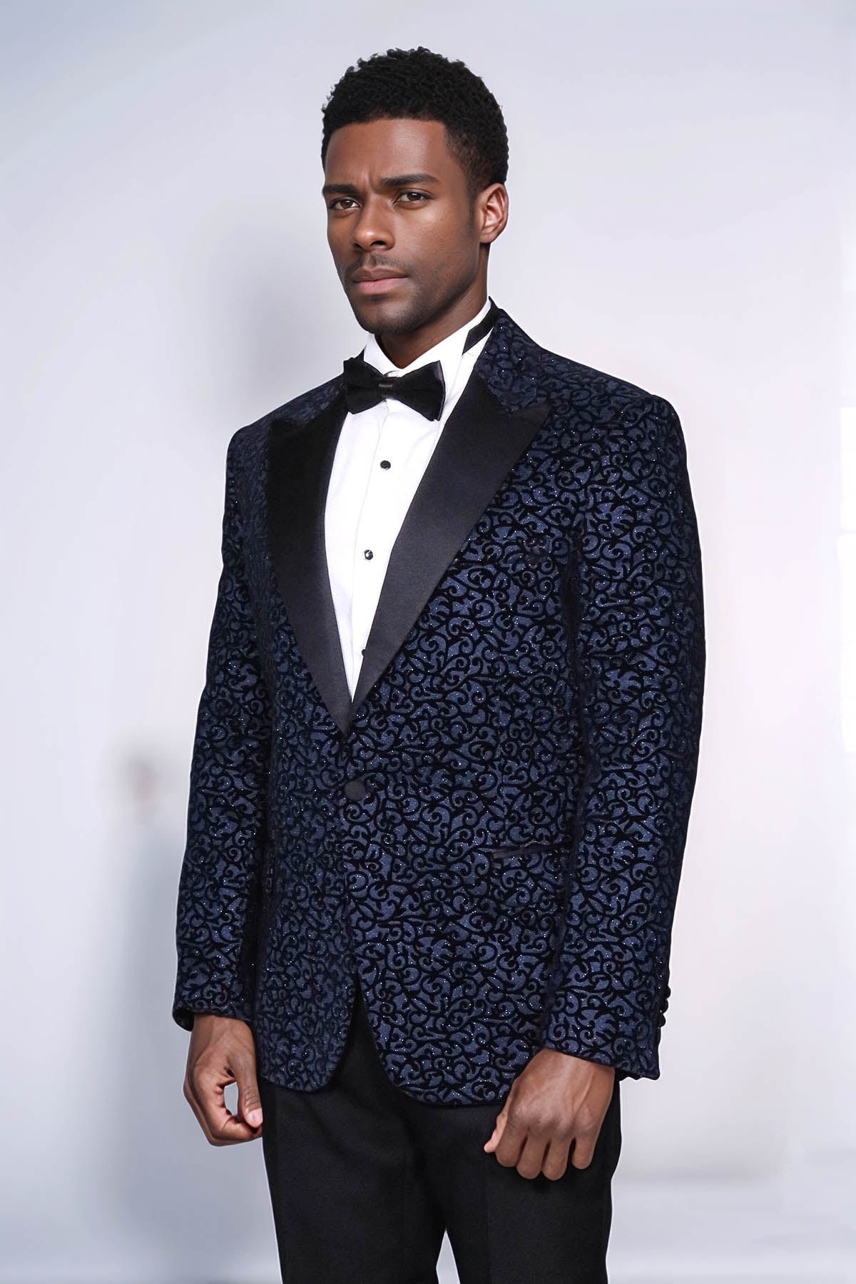 Scroll Patterned Navy Blue Men Prom Blazer - Wessi