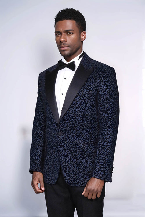 Scroll Patterned Navy Blue Men Prom Blazer - Wessi