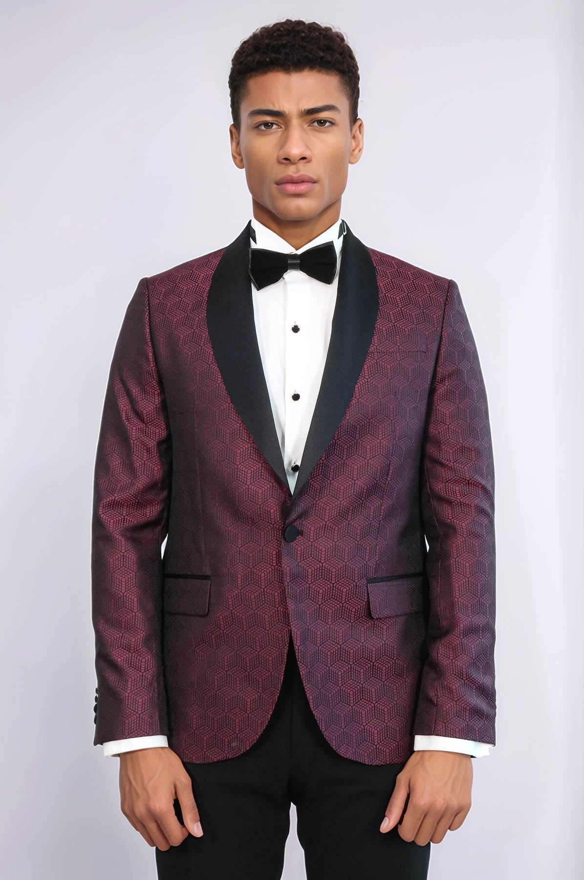 Pentagon Patterned Shawl Lapel Burgundy Men Prom Blazer - Wessi
