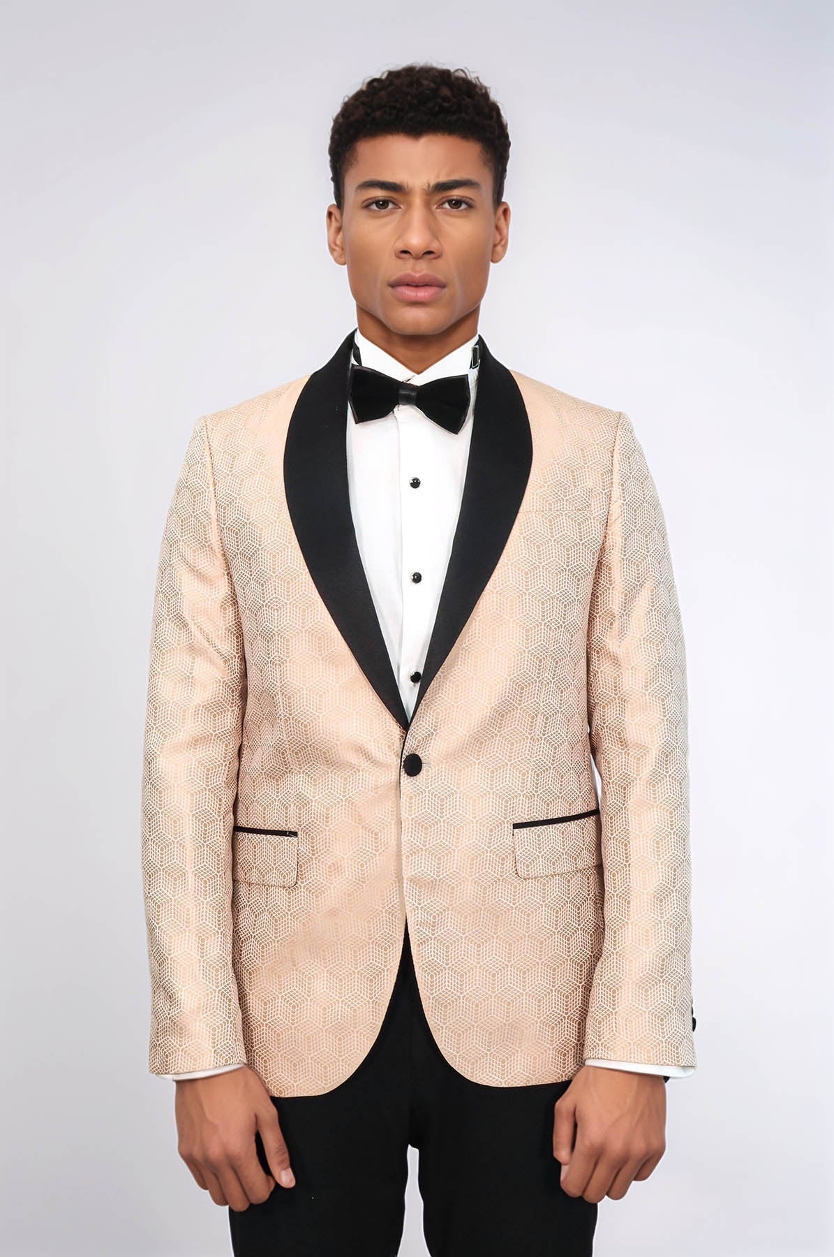 Pentagon Patterned Shawl Lapel Cream Men Prom Blazer - Wessi