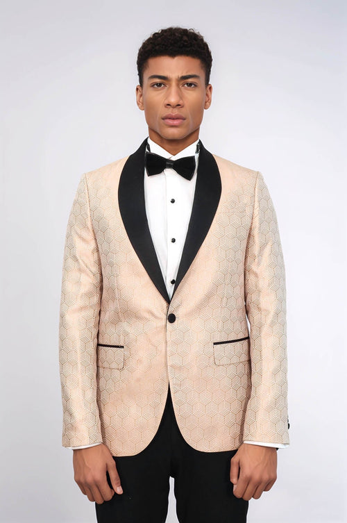 Pentagon Patterned Shawl Lapel Cream Men Prom Blazer - Wessi