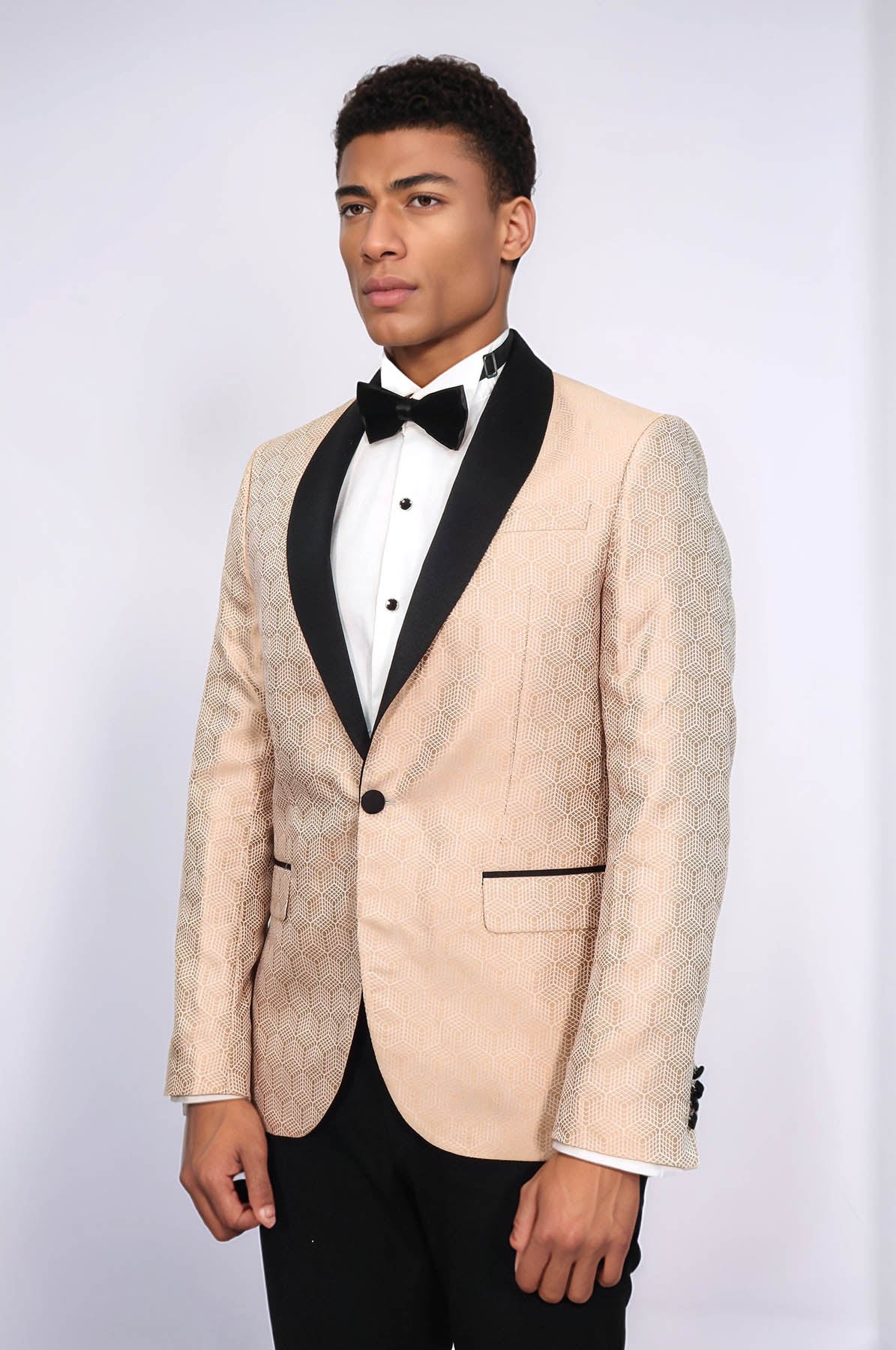 Pentagon Patterned Shawl Lapel Cream Men Prom Blazer - Wessi