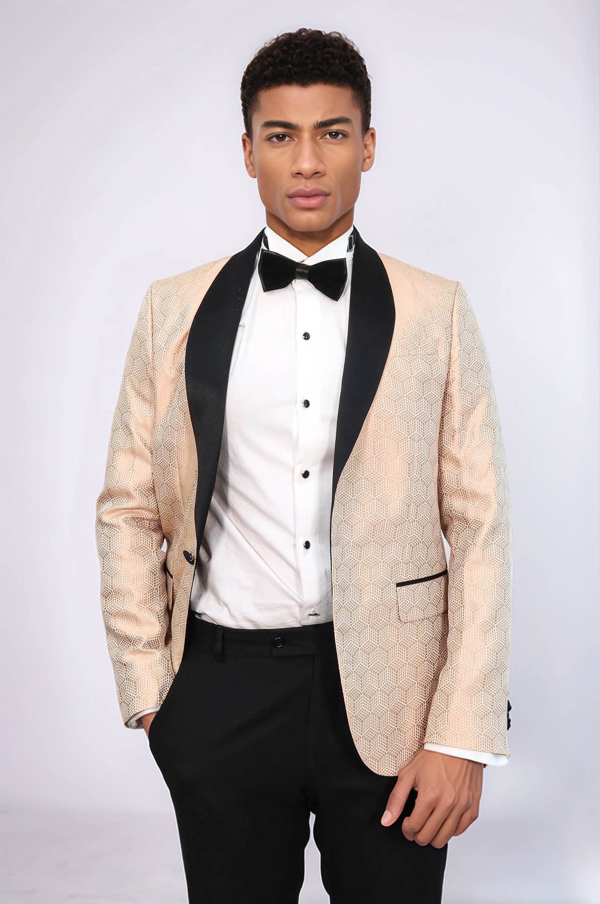 Pentagon Patterned Shawl Lapel Cream Men Prom Blazer - Wessi