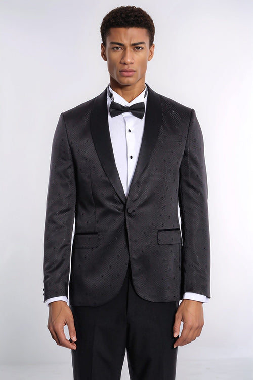 Dot Patterned Slim Fit Black Men Prom Blazer - Wessi