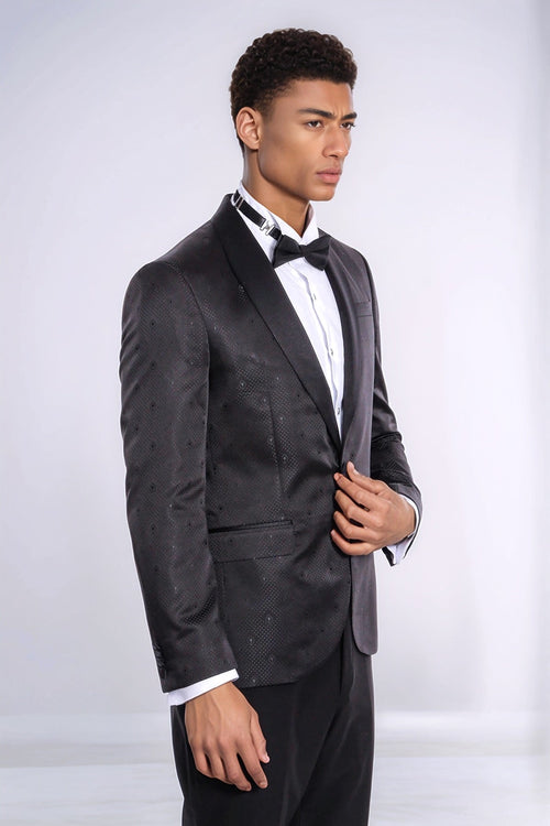 Dot Patterned Slim Fit Black Men Prom Blazer - Wessi