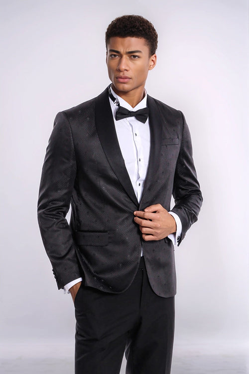 Dot Patterned Slim Fit Black Men Prom Blazer - Wessi
