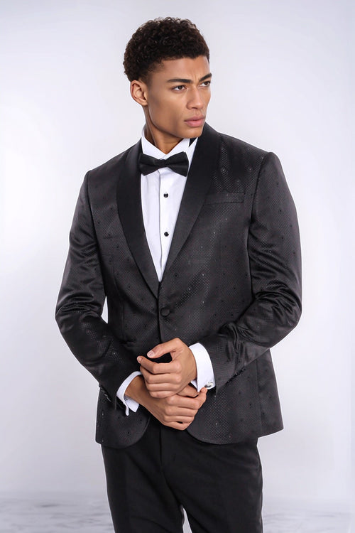 Dot Patterned Slim Fit Black Men Prom Blazer - Wessi