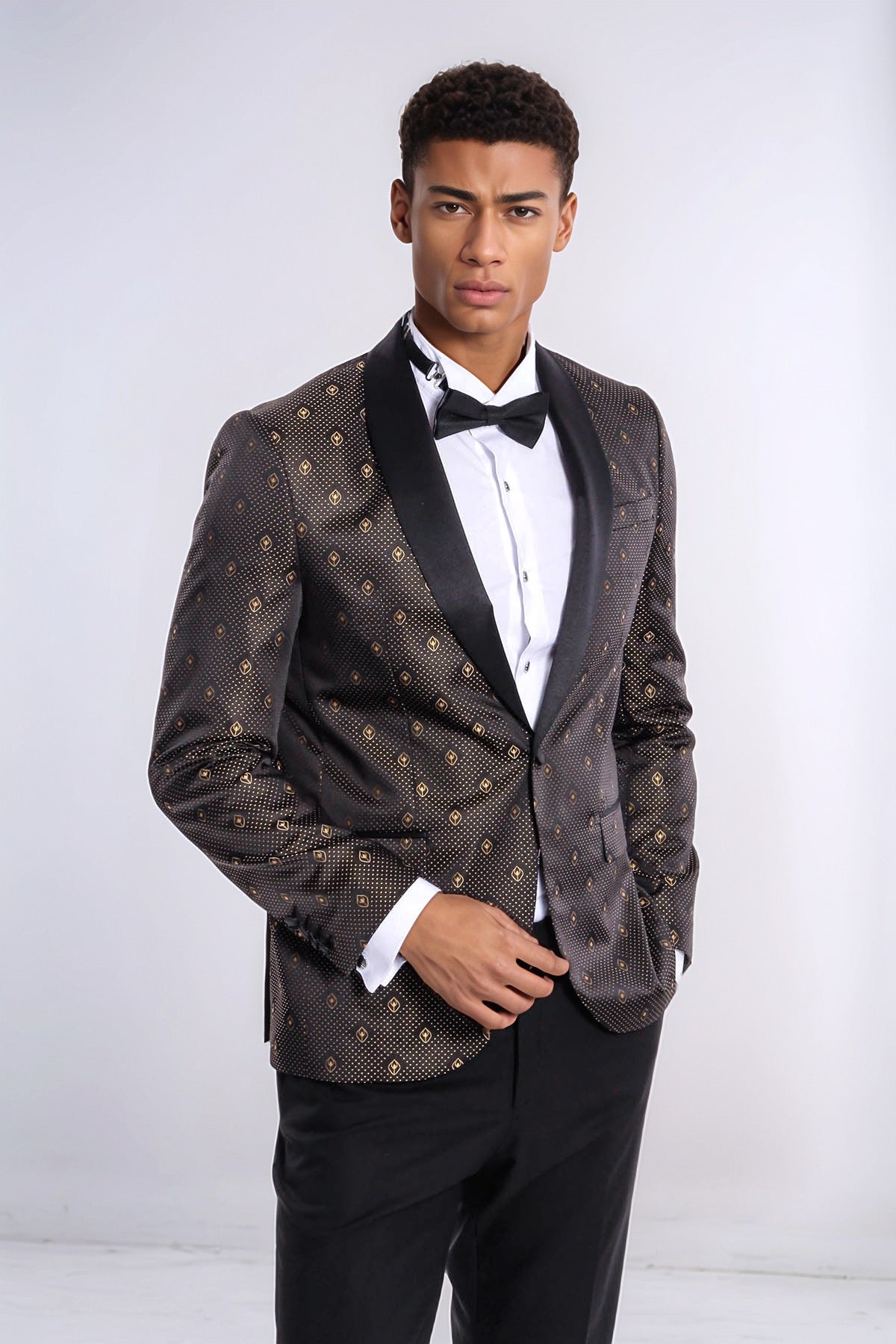 Shawl Lapel Gold Dot Patterned Over Black Men Tuxedo Blazer - Wessi