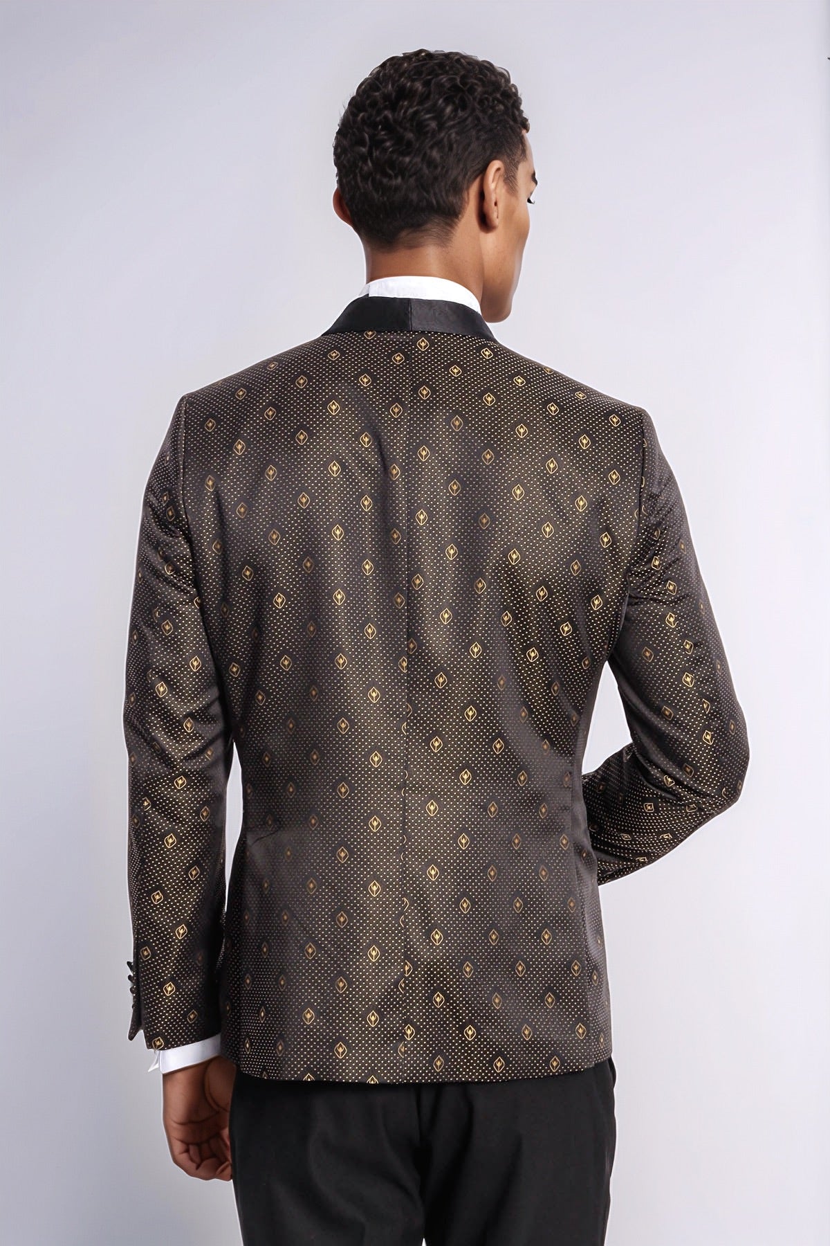Shawl Lapel Gold Dot Patterned Over Black Men Tuxedo Blazer - Wessi