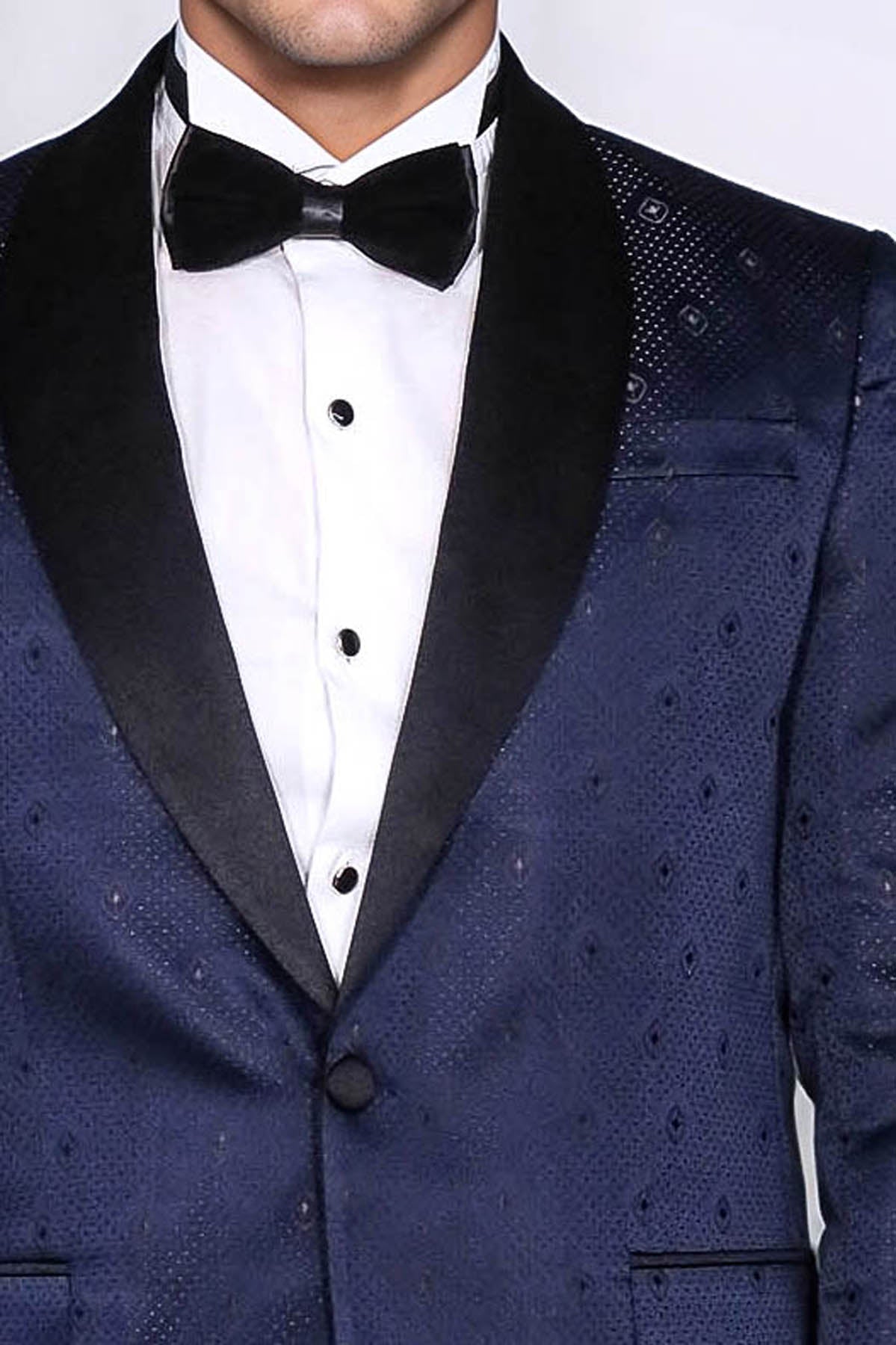 Patterned Shawl Lapel Navy Blue Men Prom Blazer - Wessi