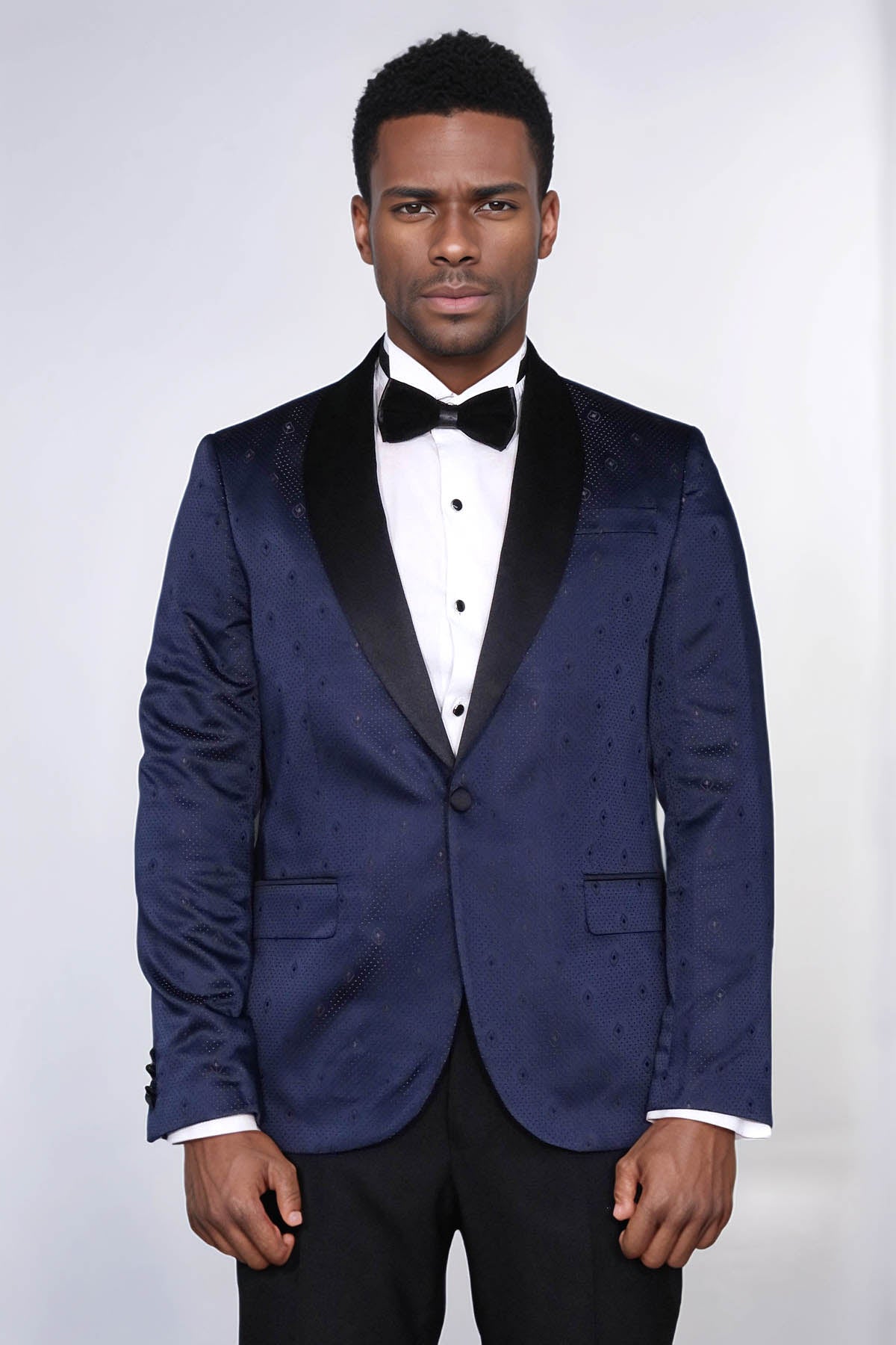 Patterned Shawl Lapel Navy Blue Men Prom Blazer - Wessi