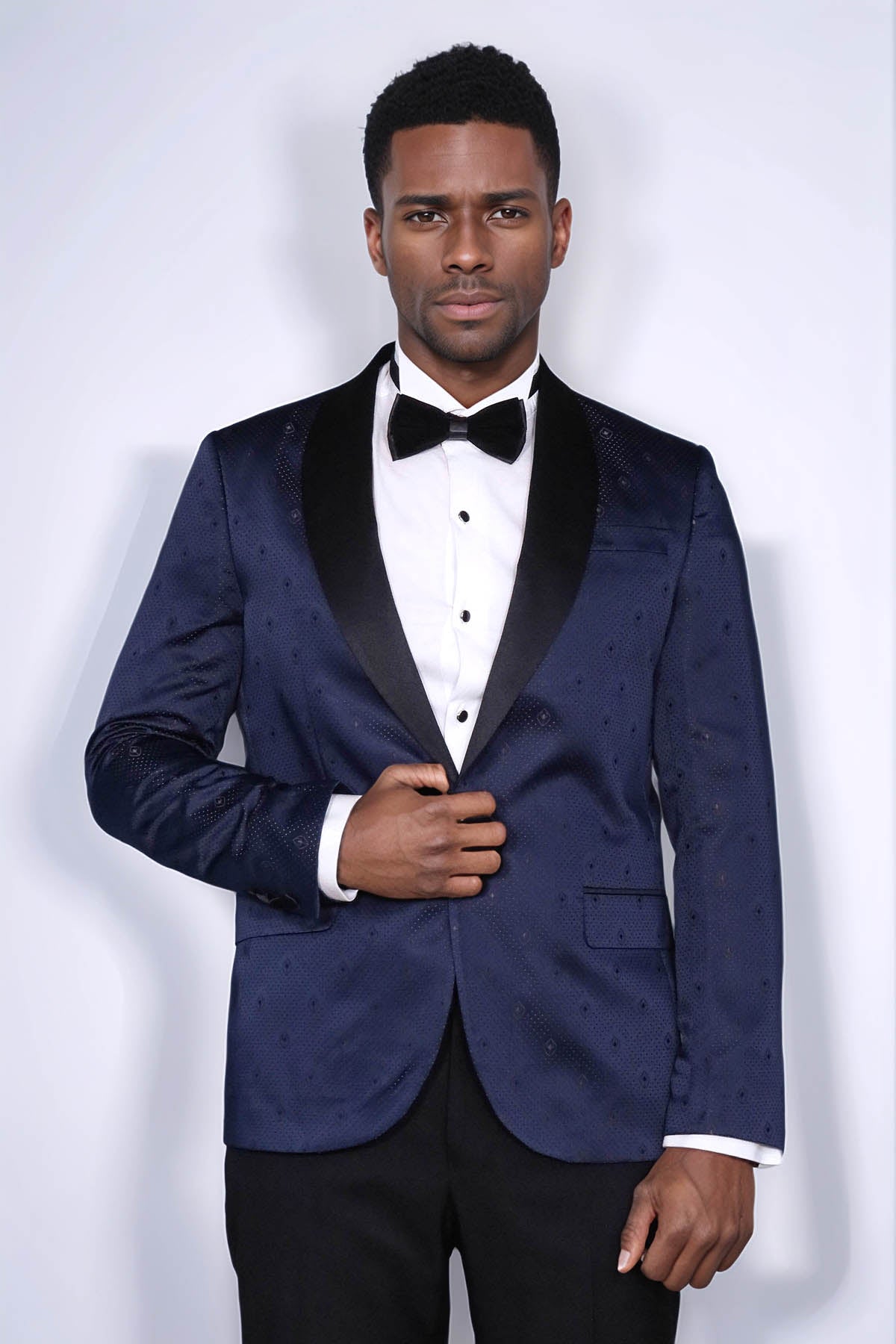 Patterned Shawl Lapel Navy Blue Men Prom Blazer - Wessi