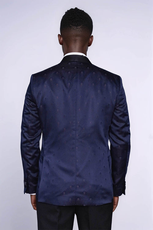 Patterned Shawl Lapel Navy Blue Men Prom Blazer - Wessi