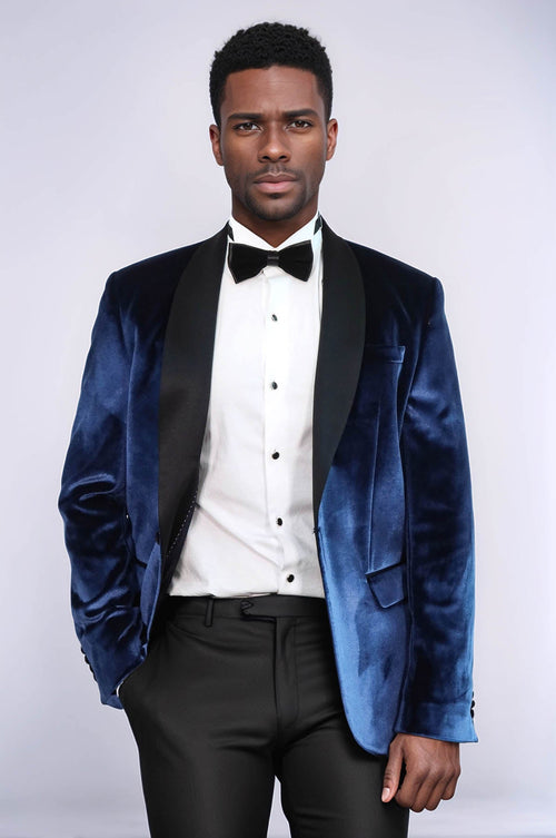 Shawl Lapel Velvet Navy Blue Men Prom Blazer - Wessi