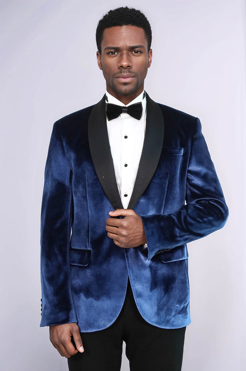 Shawl Lapel Velvet Navy Blue Men Prom Blazer - Wessi