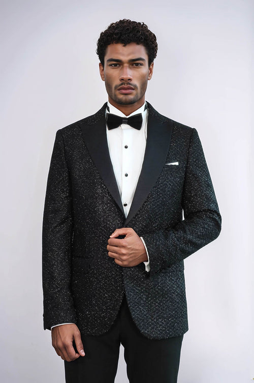 Gingham Patterned Glitter Black Men Prom Blazer - Wessi
