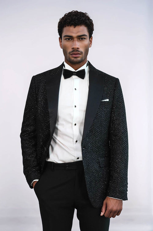Gingham Patterned Glitter Black Men Prom Blazer - Wessi