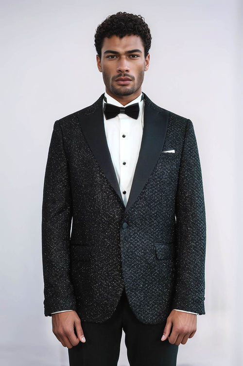 Gingham Patterned Glitter Black Men Prom Blazer - Wessi