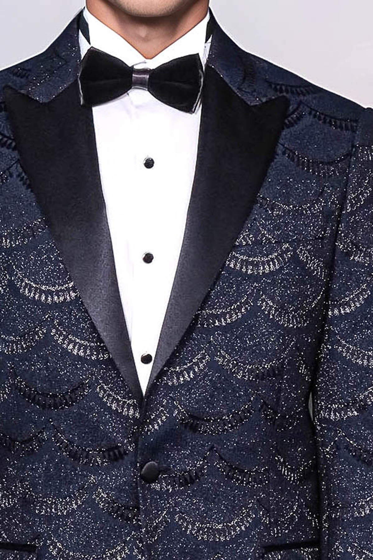 Patterned Slim Fit Navy Blue Men Prom Blazer - Wessi