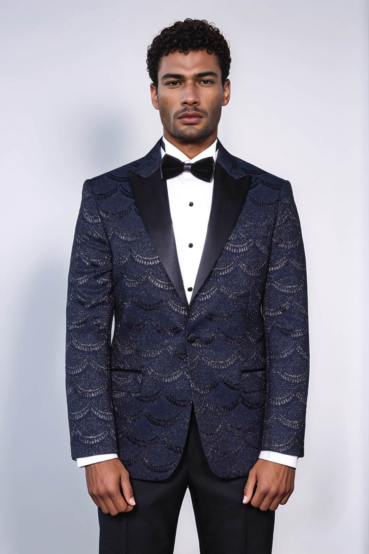 Patterned Slim Fit Navy Blue Men Prom Blazer - Wessi