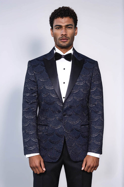 Patterned Slim Fit Navy Blue Men Prom Blazer - Wessi