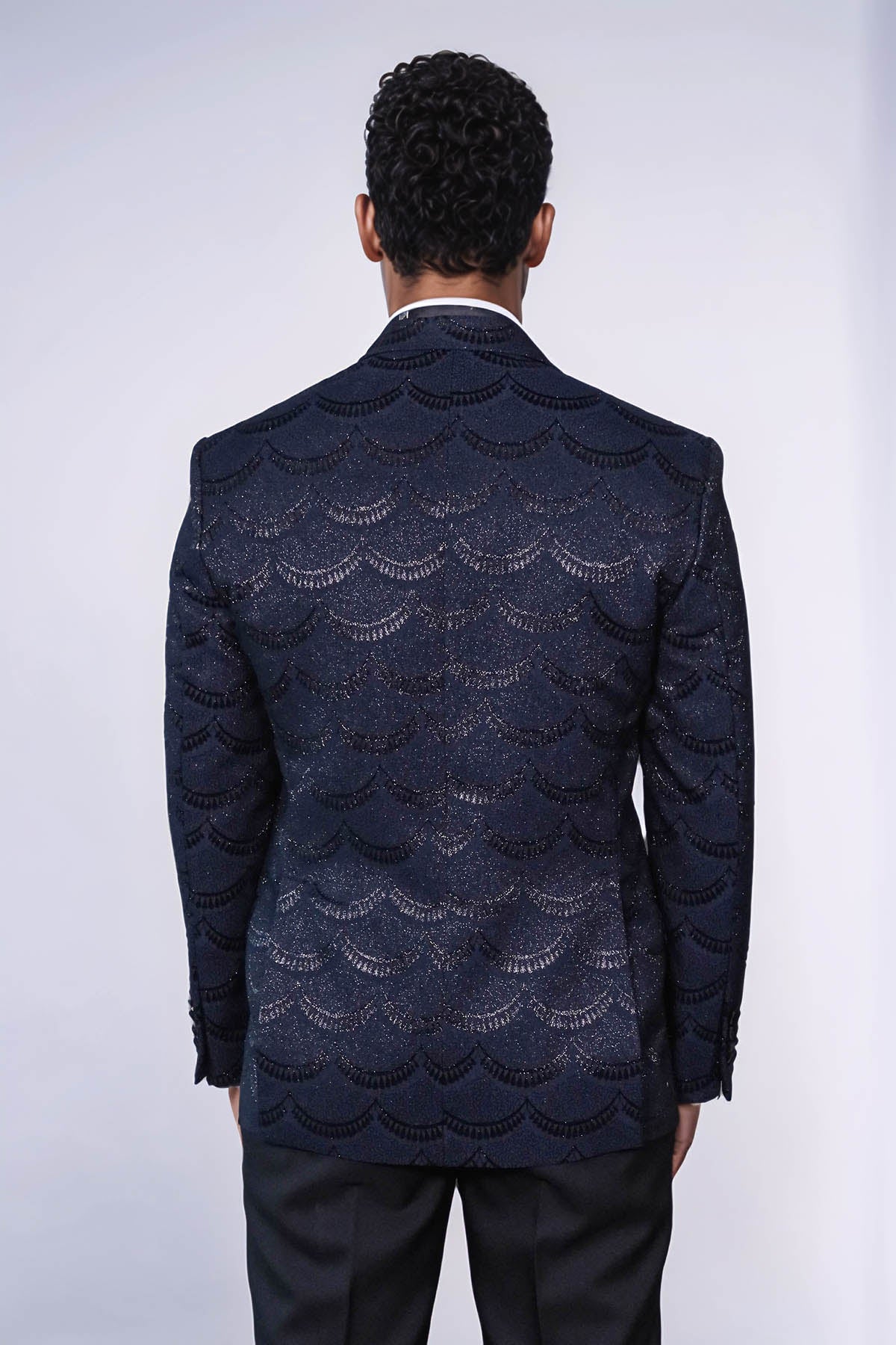Patterned Slim Fit Navy Blue Men Prom Blazer - Wessi