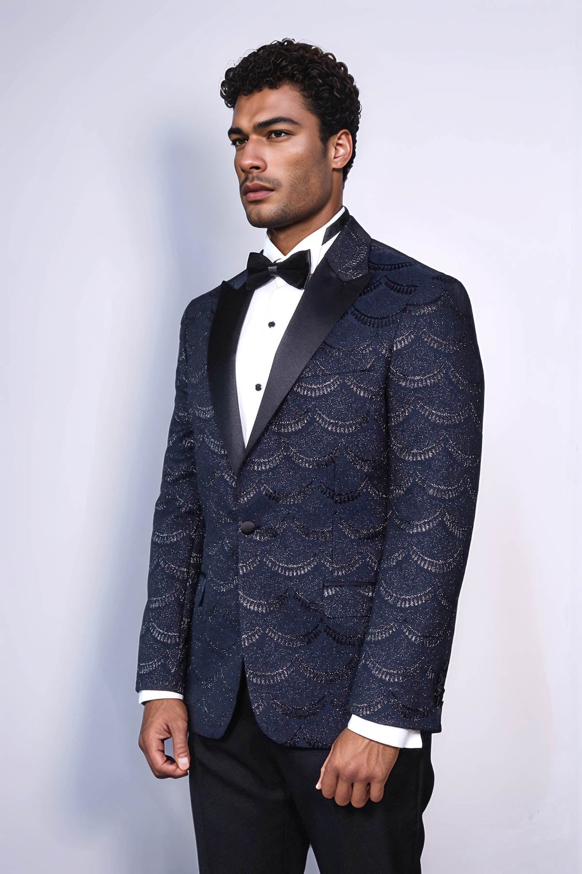 Patterned Slim Fit Navy Blue Men Prom Blazer - Wessi